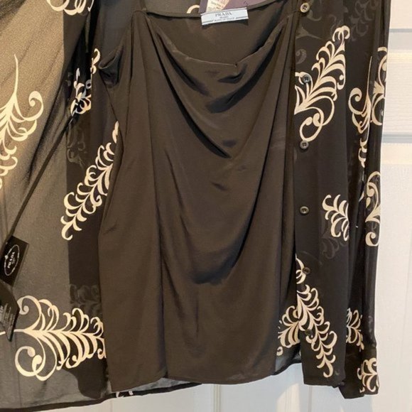 Prada Feather black and white print sheer crepe shirt $1400 - Picture 7 of 11